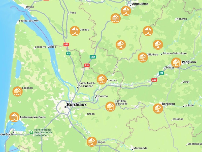 Carte de localisation des chantiers Rénov Leal'O en Gironde, Dordogne et Charente